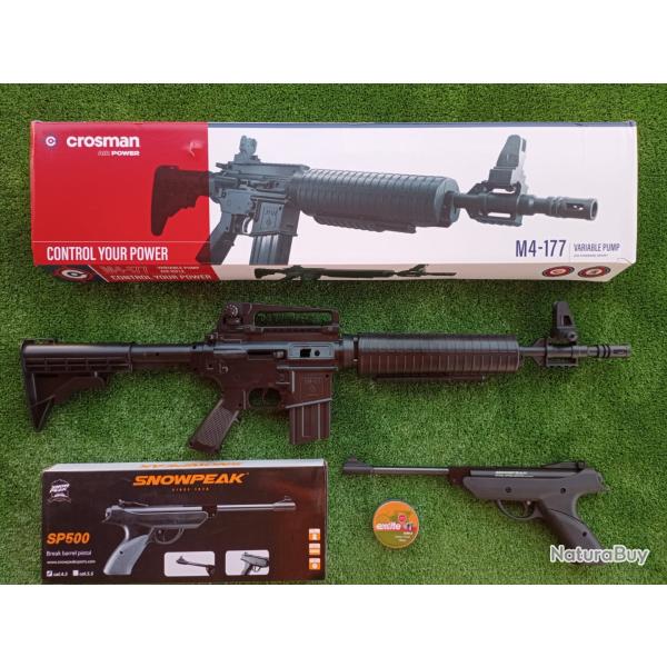PACK-25 Carabine PCP  pompe M4-177 Bbs et Plomb Cal. 4,5 mm + Pistolet SP500 4,5 mm
