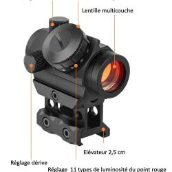 Viseur &agrave; point rouge 2MOA, 1x25mm, r&eacute;flexe, &eacute;tanche, antichoc et  antibu&eacute;e, avec support sur pied
