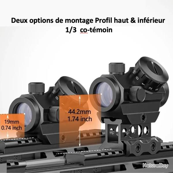 Viseur � point rouge 2MOA, 1x25mm, r�flexe, �tanche, antichoc et  antibu�e, avec support sur pied