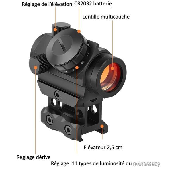 Viseur � point rouge 2MOA, 1x25mm, r�flexe, �tanche, antichoc et  antibu�e, avec support sur pied