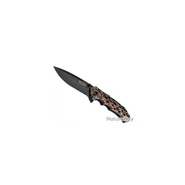Couteau CJH ABS CAMO METALLIQUE INOX NOIR lame noire semi-dente acier 420 avec  flipper 