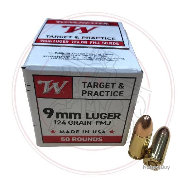 CARTOUCHES WINCHESTER TARGET & PRACTICE - FMJ - CAL: 9mm luger (9x19mm) - 124GRS - BOITE DE 50 UNIT�