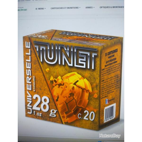 Carton de 250 cartouche de ball Trap tunet universelle calibre 20 plomb de 7.5 28g