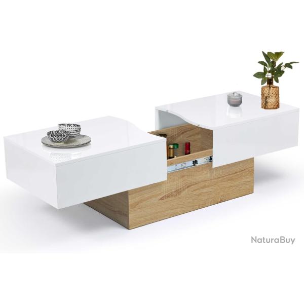 Table Basse coulissante rectangulaire Marta Bois Imitation htre et Blanc