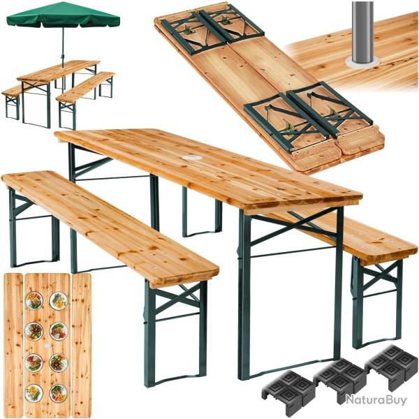 Ensemble Table + 2 Bancs Jardin en Bois Pliable 170 x 46 x 78 cm avec Support Parasol Terrasse