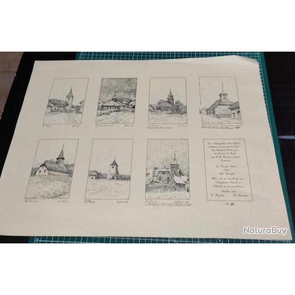 7 EGLISES COMBIERES DU CANTON DE VAUD 1896, LITHOGRAPHIE NUMEROTEE 50 EXEMPLAIRES REEDITION 1974