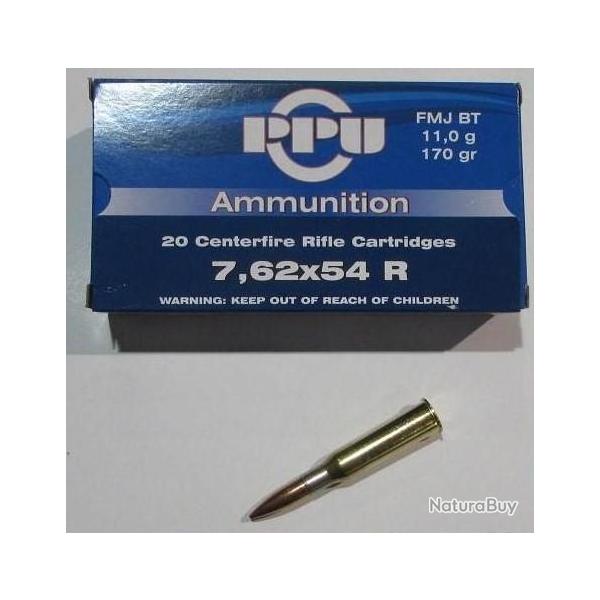 5 boites neuve de 20 cartouches Partizan  de calibre 7,62x54R, 170 grains , FMJ-BT