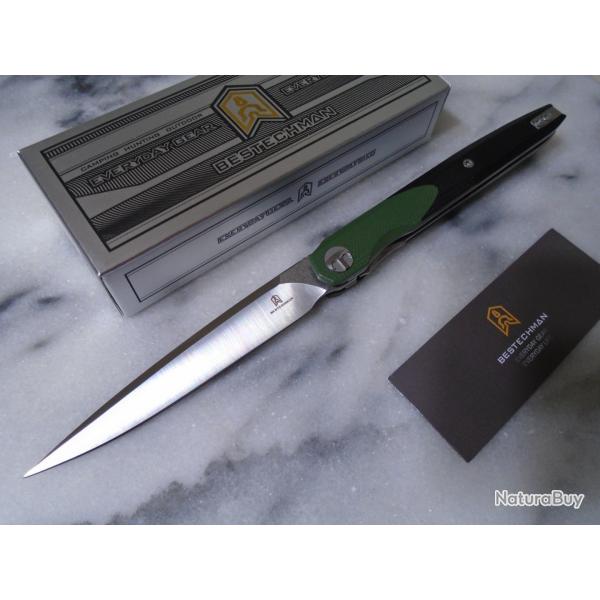 Couteau BESTECHMAN Lanza OD Green+ Black G10 Lame Acier 14C28N Manche G10 Liner Lock Clip BTKMK14C