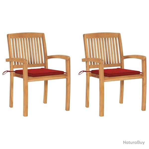 Chaises de jardin lot de 2 et coussins rouge Bois teck massif