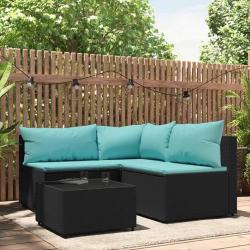 Salon de jardin 4 pcs avec coussins Noir R&eacute;sine tress&eacute;e
