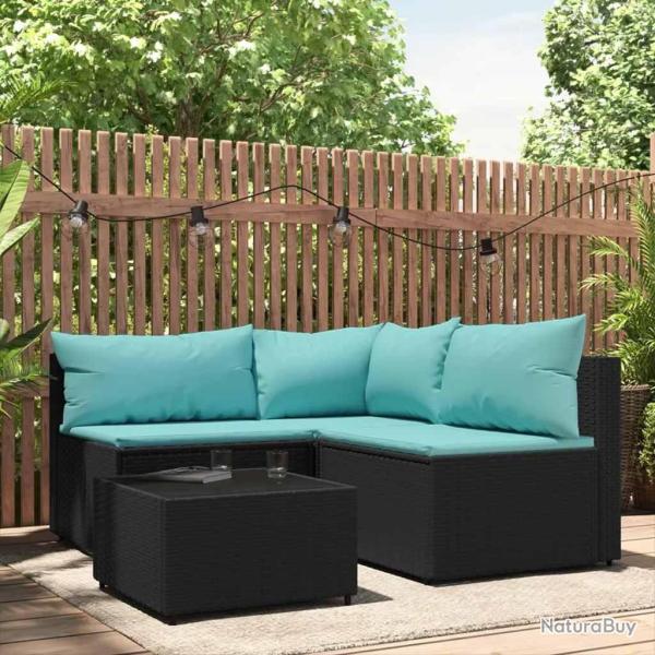 Salon de jardin 4 pcs avec coussins Noir R�sine tress�e