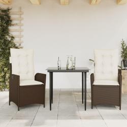 Ensemble &agrave; manger de jardin 3 pcs et coussins marron poly rotin