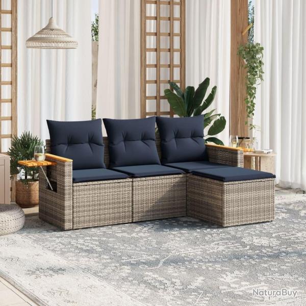 Salon de jardin 4 pcs avec coussins gris r�sine tress�e