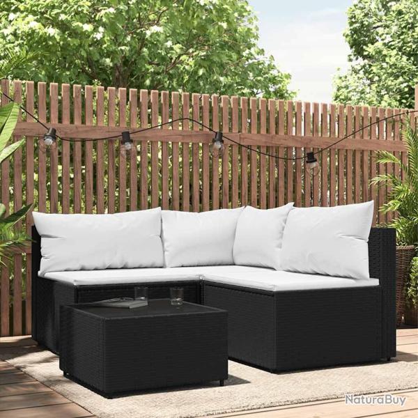 Salon de jardin 4 pcs avec coussins Noir R�sine tress�e