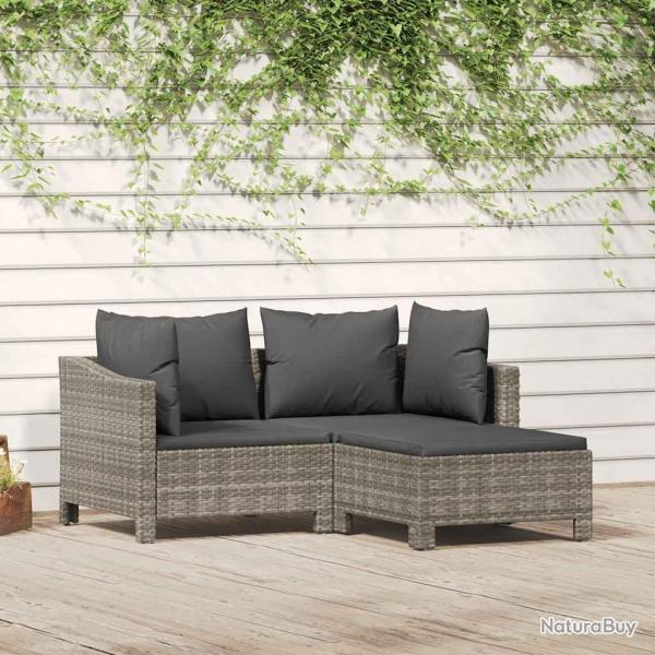Salon de jardin 3 pcs avec coussins Gris R�sine tress�e