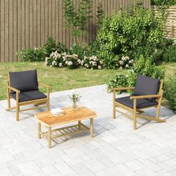 Salon de jardin 3 pcs avec coussins gris fonc&eacute; bambou