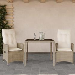 Ensemble de bistro 3 pcs avec coussins beige r&eacute;sine tress&eacute;e