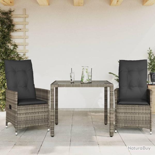 Ensemble de bistro 3 pcs avec coussins gris r�sine tress�e