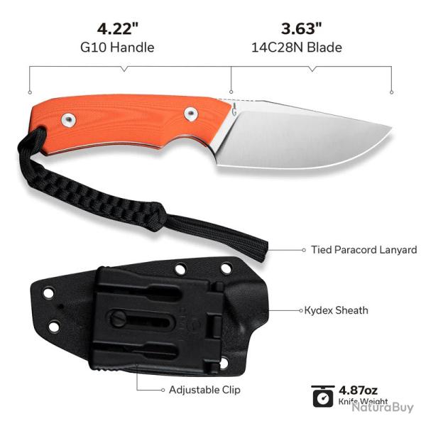 Couteau de Survie Bushcraft Civivi Gander Orange Lame Acier 14C28N Manche G10 �tui Kydex CIVC24058B1