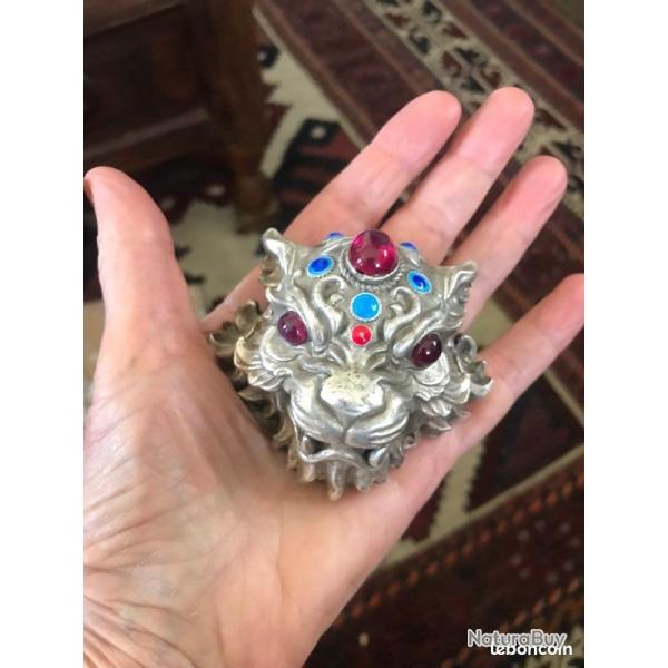 vintage - boucle tte de lion argent tibtain pierres jade estampille