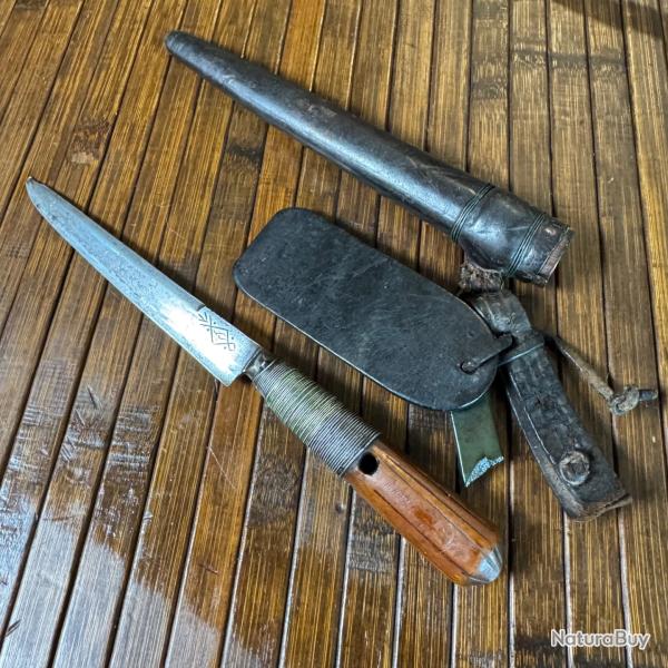 JOLIE COUTEAU ORIENTAL BOUSAADI LAME FORG�E GRAV�E MANCHE BOIS EXOTIQUE SANGLE DE SUSPENTE CUIR