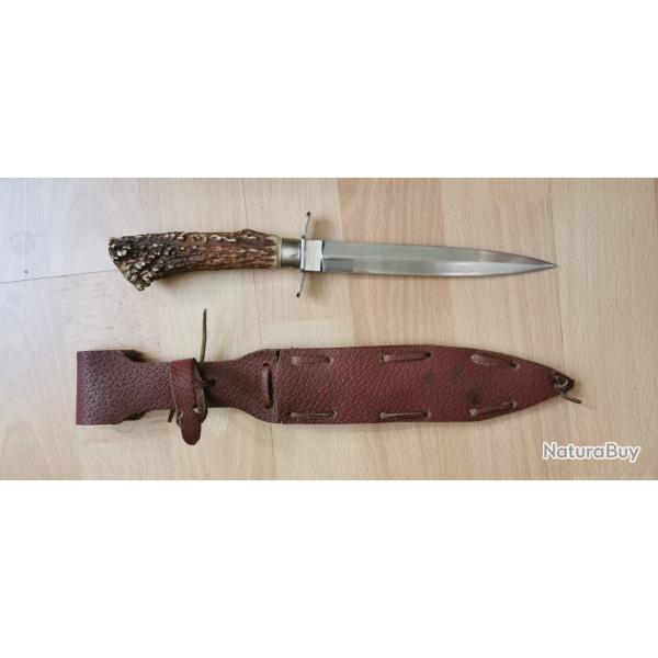 Couteau de chasse bois de cerf, lame droite, fourreau original