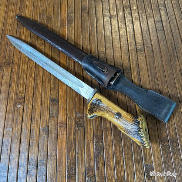 DAGUE - POIGNARD ARTISANAL ALLEMAND SUR BA�ONNETTE WW2 ACS ALEX COPEL A SOLINGEN BOIS DE CERF
