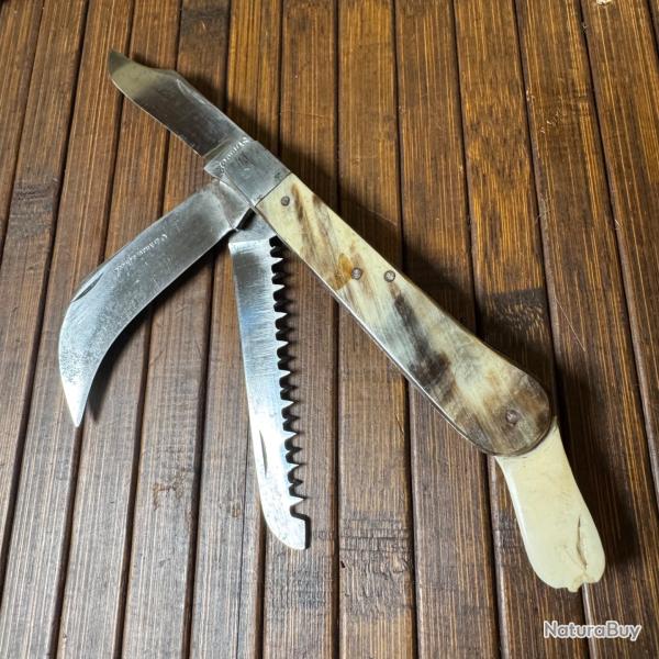 COUTEAU FRAN�AIS VINTAGE COLLECTOR DUMAS A�N� TRENTE-DEUX 32 MULTI LAMES CORNE ET OS DEBUT 1900