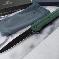 Couteau Trivisa Seagull-Green Lame Acier 14C28N Manche Micarta KIVT Linerlock Clip TVTY28GM14