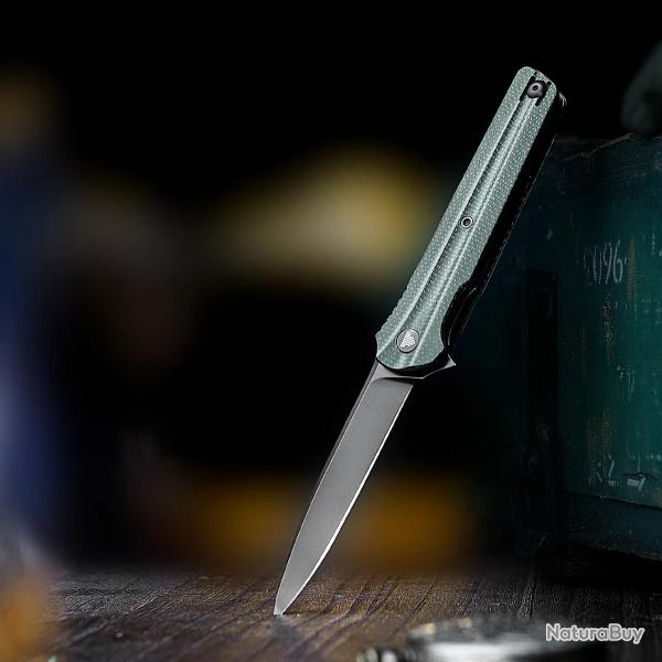 Couteau Trivisa Seagull-Green Lame Acier 14C28N Manche Micarta KIVT Linerlock Clip TVTY28GM14