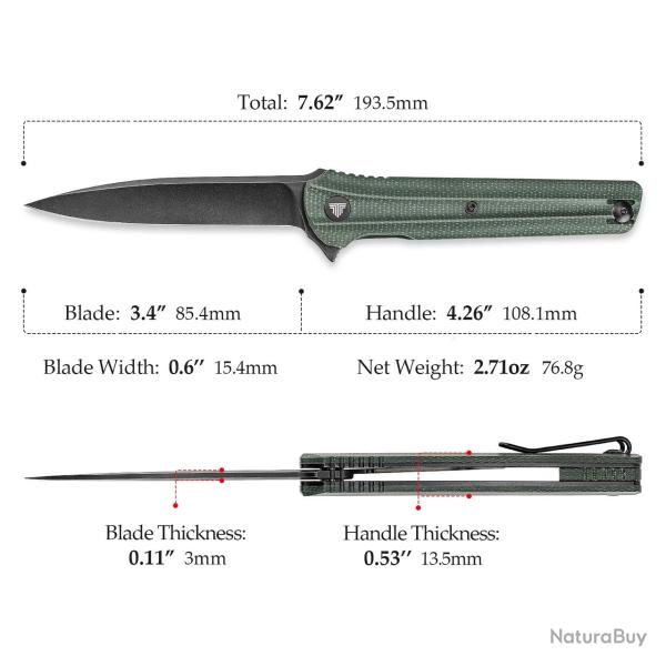 Couteau Trivisa Seagull-Black Lame Acier 14C28N Manche Micarta KIVT Linerlock Clip TVTY28BM14