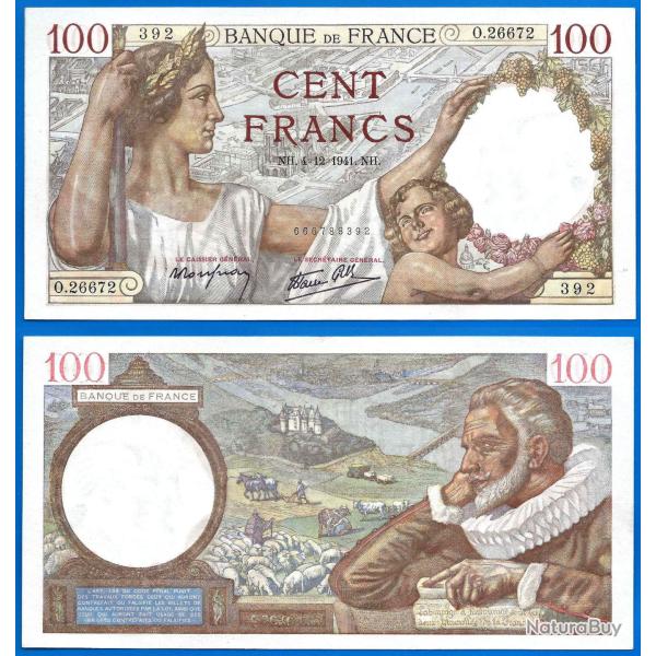 France 100 Francs 1941 NEUF Grand Billet Sully Franc Frs Frc Frcs
