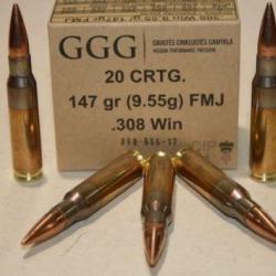 CARTOUCHES GGG 308 win 147grs FMJ Boite 20 unit&eacute;s