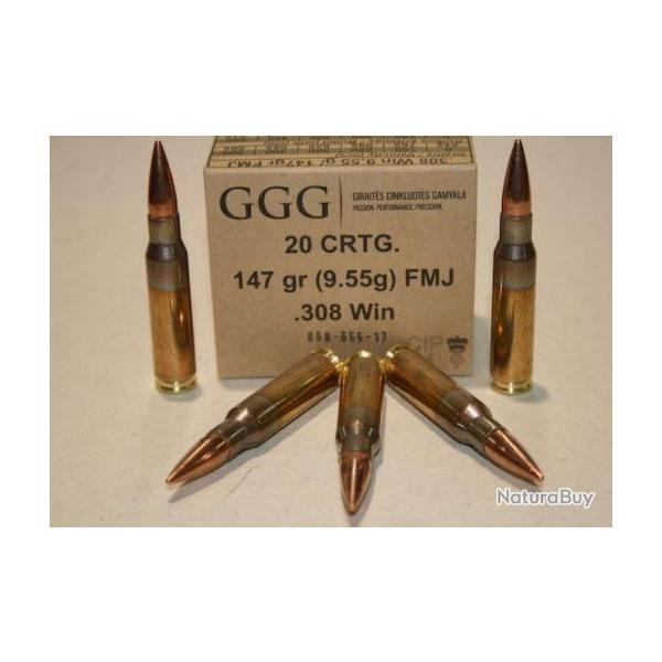 CARTOUCHES GGG 308 win 147grs FMJ Boite 20 units