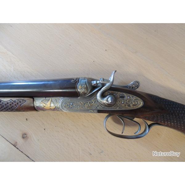 EXCEPTIONNEL fusil a percussion centrale a chien calibre 24 GRAVE OR par le MAITRE GRAVEUR J.BAERTEN