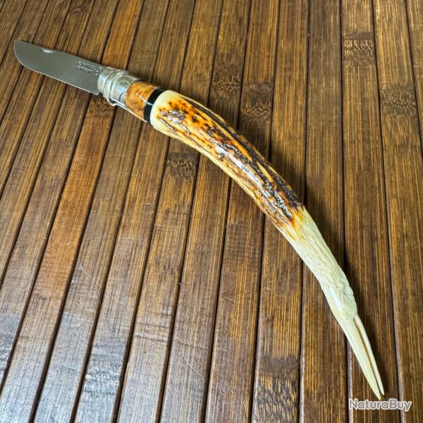 OPINEL N8 CUSTOM ARTISANAL UNIQUE MANCHE BOIS DE CERF SCULPT D'UNE TTE D'AIGLE LOUPE D'ORME