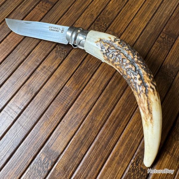 OPINEL N8 CUSTOM ARTISANAL UNIQUE MANCHE POINTE BOIS DE CERF