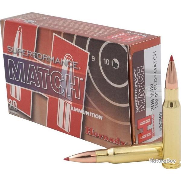 Cartouches HORNADY ELD-MATCH SUPERFORMANCE MATCH - Calibre 308 WIN - 168grs - Boite de 20
