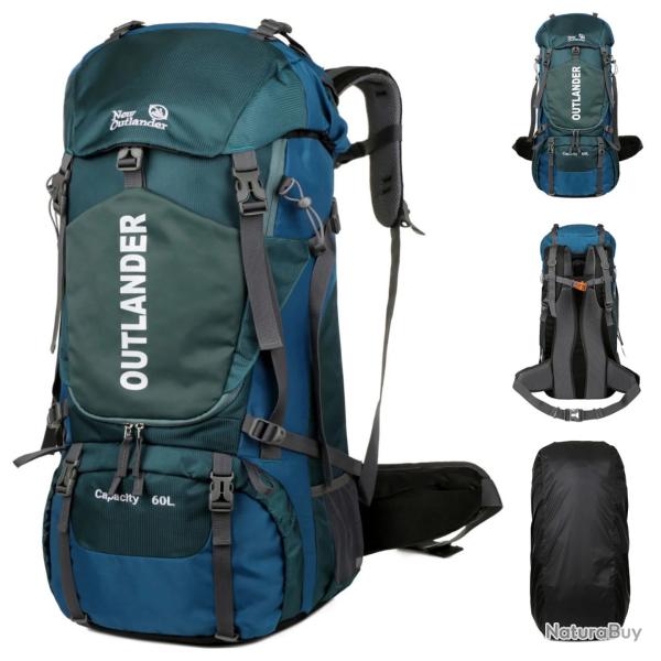 Sac � dos Randonn�e �tanche 60L avec Housse de Pluie L�ger Compartiment Chaussures Camping Bleu