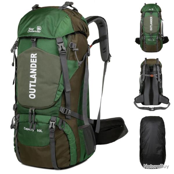 Sac  dos Randonne tanche 60L avec Housse de Pluie Lger Compartiment Chaussures Camping Vert
