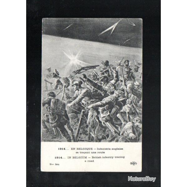 carte postale 1914 en belgique infanterie anglaise se tra�ant une route (barbel�s)