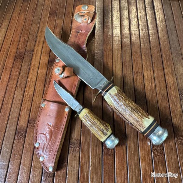 ENSEMBLE DE DEUX COUTEAUX ARTISANAUX ALLEMAND SOLINGEN EDGE MARK BOIS DE CERF DANS LEUR ETUIS