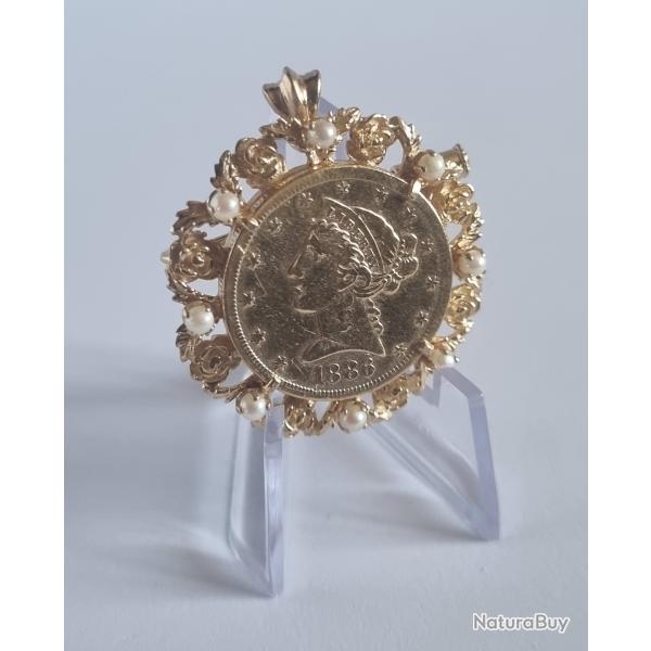 Broche Pendentif Porte Pice Or 18K 5 Dollars 1886 Liberty Or 22K XXme Sicle
