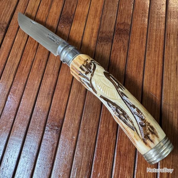 OPINEL N8 CUSTOM ARTISANAL UNIQUE MANCHE BOIS DE CERF SCULPT D'UN FAISANT