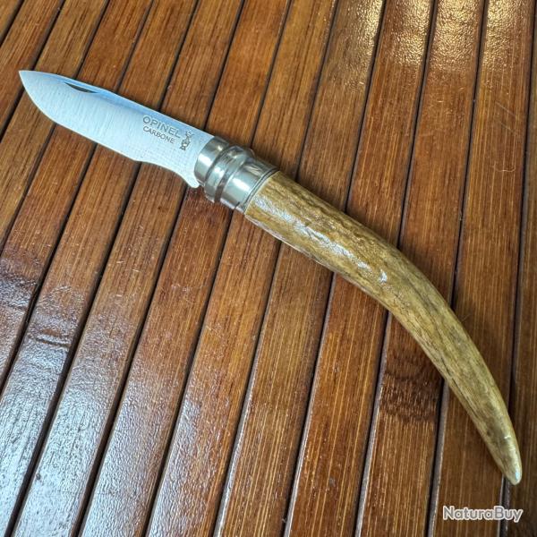 OPINEL N-7 CUSTOM ARTISANAL UNIQUE MANCHE EN POINTE DE BOIS DE CERF POLI