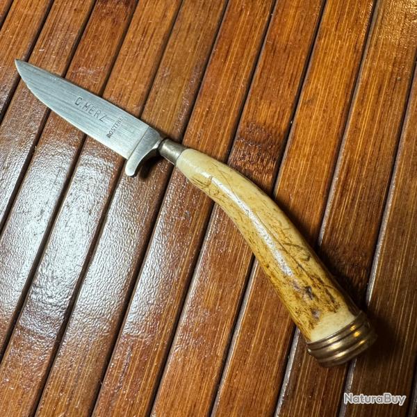 MINI NICKER COUTEAU DE BOTTE  TRADITIONNEL ALLEMAND SIGN� G.MERZ ROSTEFREI BOIS DE CERF ANN�E 50/60�
