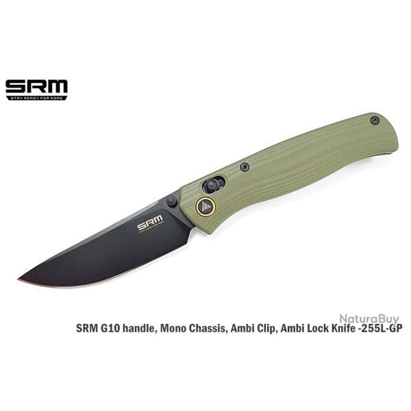 Couteau Pliant SRM Medal 255L-GP2 Lame Acier 10Cr15CoMoV Manche G10 Green Ambi Lock Clip SRM255LGP2