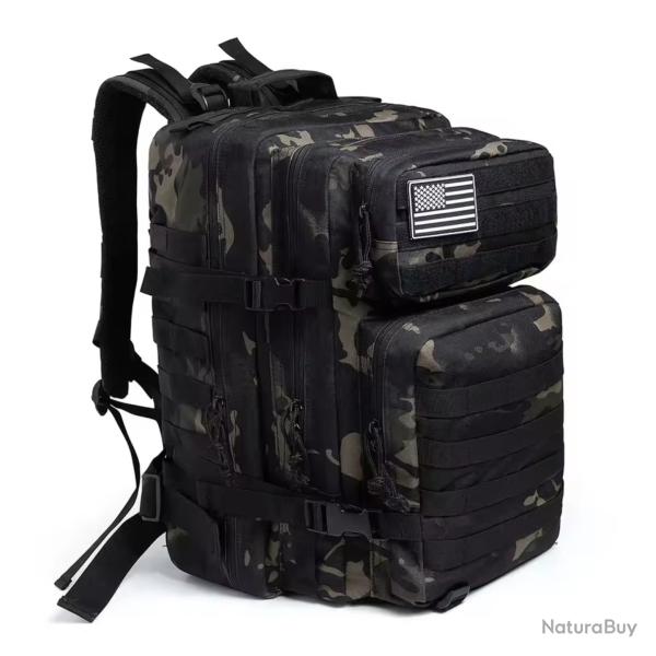 Sac � Dos Tactique 45L Grande Capacit� - Sac Randonn�e 3J, Camping, Militaire, Chasse NOIR CAMO