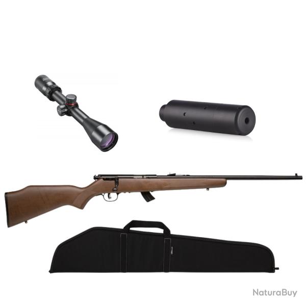 Pack Carabine SAVAGE MARK II G bois CAL.22LR + lunette 3-9x40 + silencieux + lunette + colliers