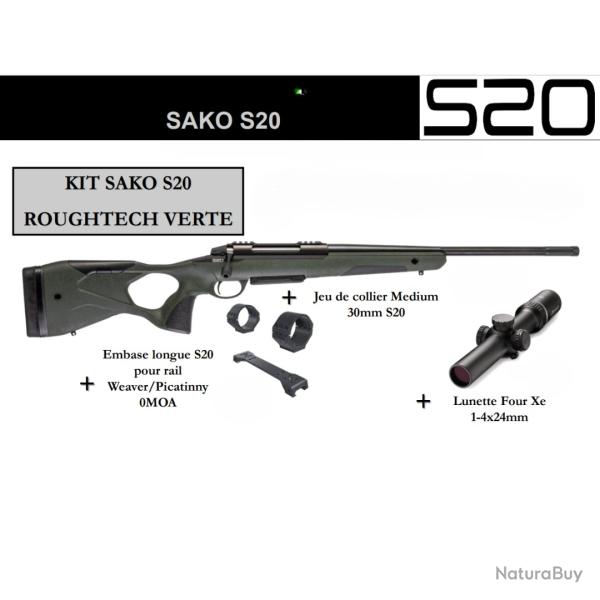 Pack carabine SAKO S20 roughtech verte Cal 30-06 61CM + lunette 1-4x24mm burris + embase&colliers